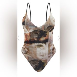 NUDE MESH ABSTRACT RENAISSANCE PRINT CUP DETAIL BODYSUIT